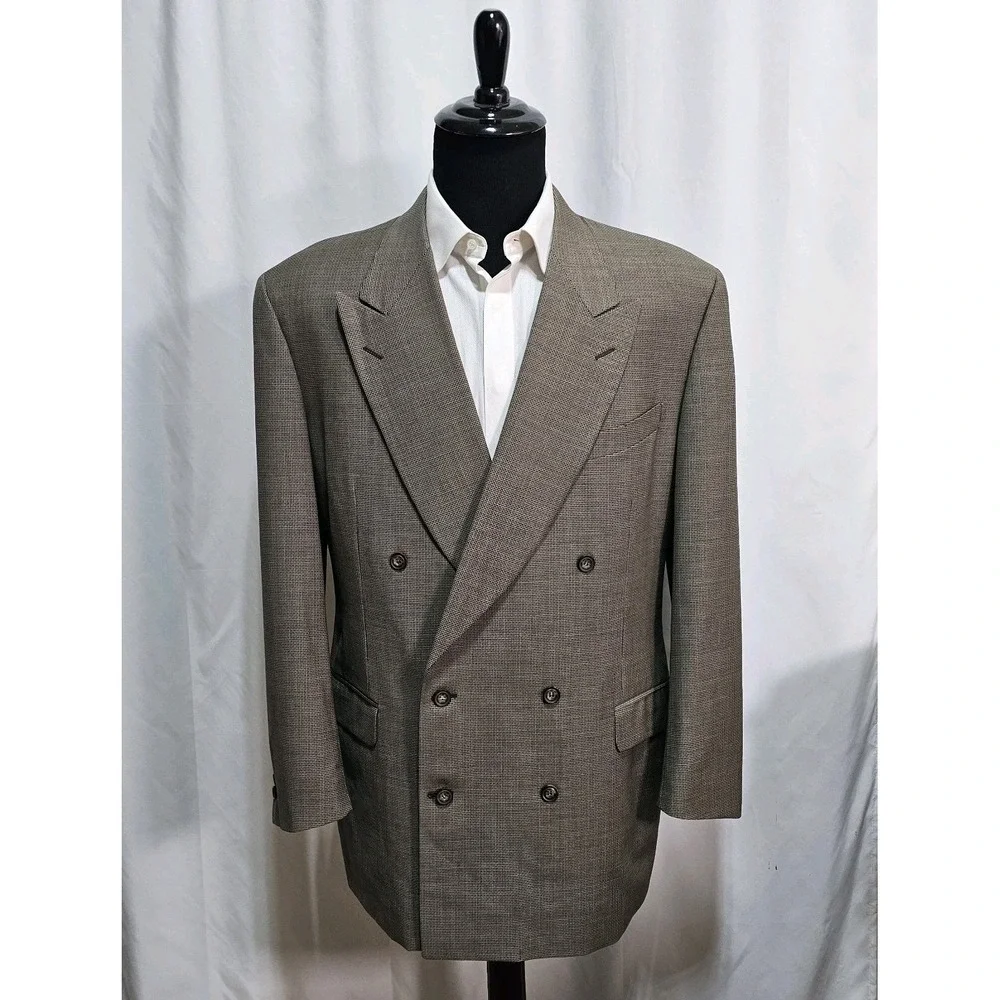 Canali Proposta Double Breasted Coat Mens 46L Jacket Houndstooth Navy Blue Brown